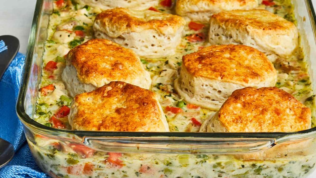 chicken pot pie with a biscuit crust